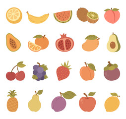 Fruit set in scandinavian style with banana, watermelon, kiwi, peach, papaya, orange, grenades, mango, avocado, cherry, grape, strawberry, mangosteen, pineapple, pear, plum