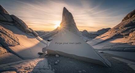 Sunlight shining behind a massive white rock formation at sunrise