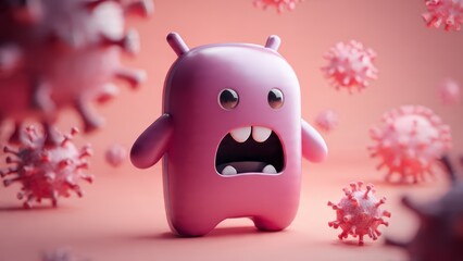 Cute pink cartoon monster with wide eyes and open mouth surrounded by pink virus particles