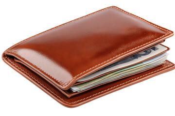 Refined cognac billfold crafted from fine-grain leather, meticulous edge finishing and neat currency insert, isolated on transparent background
