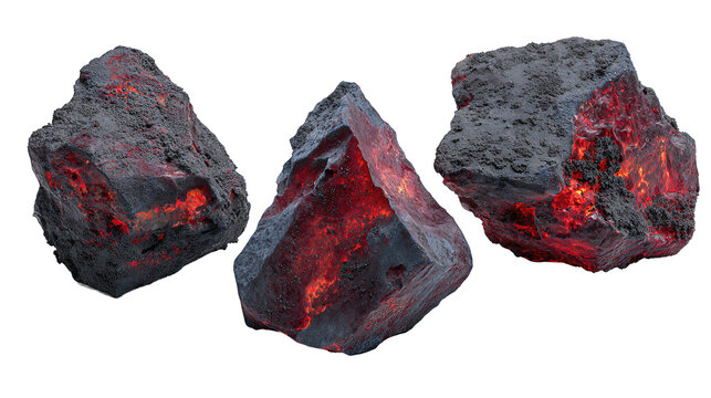 Set of three dark basalt shards with glowing crimson edges and ashy surface texture, arranged in a triangular formation, isolated on transparent background
