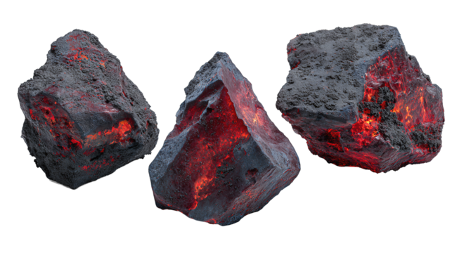 Set of three dark basalt shards with glowing crimson edges and ashy surface texture, arranged in a triangular formation, isolated on transparent background
