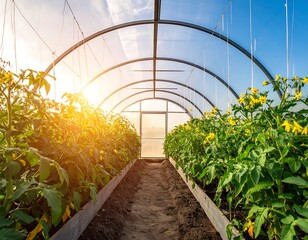 View inside a hoop-house filled with growing plants, sunlit