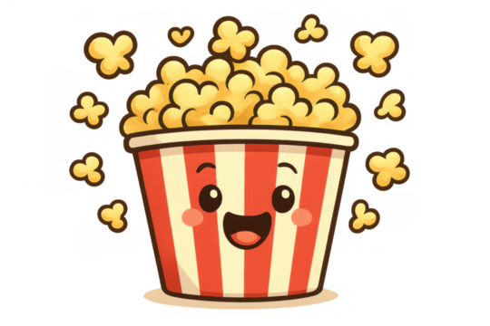 Popcorn bucket with happy face, charming cartoon design for movie snack, transparent background