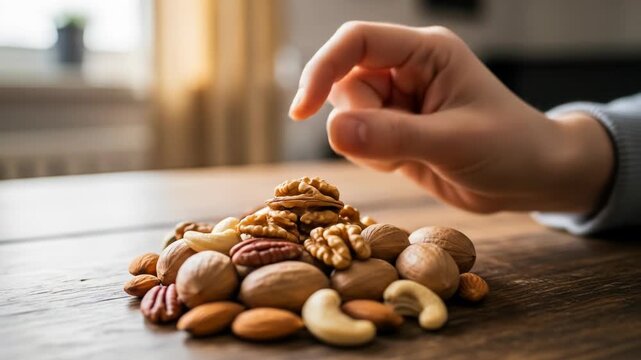A hand reaching towards a pile of assorted nuts on a wooden table