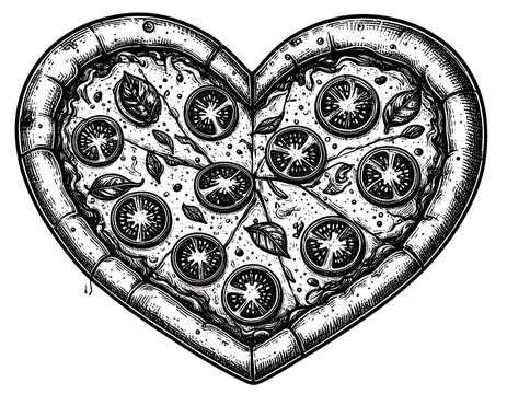 Artistic, monochrome drawing of heart-shaped pizza with tomato slices and basil leaves. Pizza has eight distinct slices