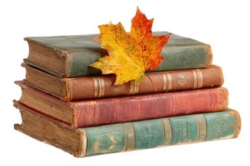 Stack of vintage hardback books in warm autumn hues with a maple leaf between pages, textured cloth spines and gentle wear, isolated on transparent background

