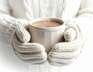 Close-up of hands wearing mittens holding a warm cocoa mug on white background