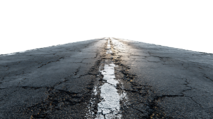 Asphalt road segment with central dashed line and fine surface cracks, subtle perspective taper and tar patch details, isolated on transparent background
