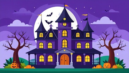 Spooky cartoon illustration of a haunted house with bats and pumpkins