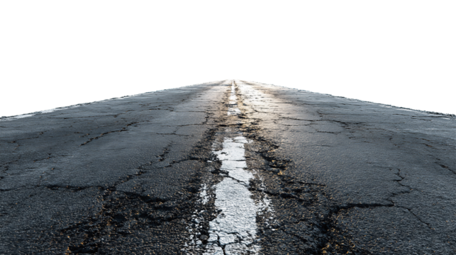 Asphalt road segment with central dashed line and fine surface cracks, subtle perspective taper and tar patch details, isolated on transparent background
