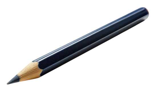 Graphite pencil in deep navy lacquer with sharpened tip and visible wooden core, minor eraser wear for authentic detail, isolated on transparent background
