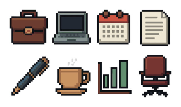Pixel art office icons: briefcase, laptop, calendar, document, pen, coffee, graph, chair