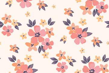 Seamless floral pattern with simple hand-drawn plants in natural colors. Cute botanical design, ditsy print of pretty rustic-style bouquets, small flowers, leaves in a random composition. Vector image