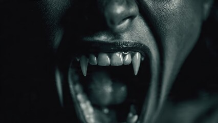Close up of a human mouth with prominent fangs and dark lips against a black background