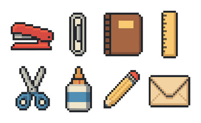 Pixel art office supplies: stapler, paperclip, notebook, ruler, scissors, glue, pencil, envelope