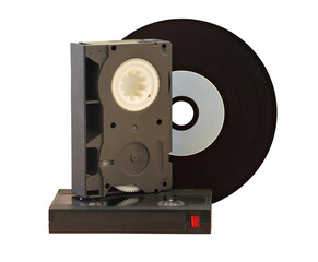 Fototapeta premium old media storage , compact video cassette , video 8 cassette and black music cd isolated on transparent background