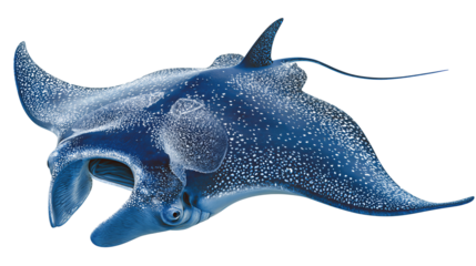 Midnight-blue manta ray with dotted pattern and smooth wing arch, subtle water droplets enhance natural aquatic sheen, isolated on transparent background
