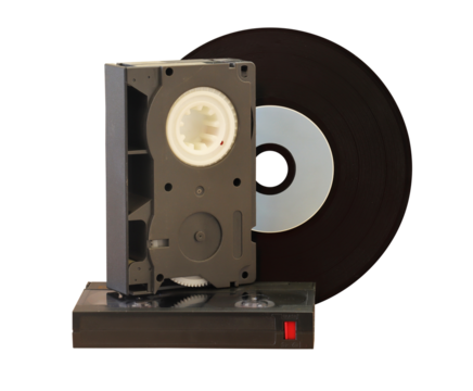 old media storage , compact video cassette , video 8 cassette and black music cd isolated on transparent background