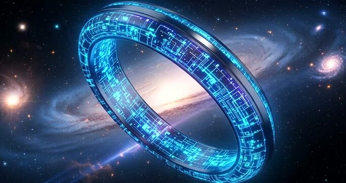 Futuristic glowing ring structure in deep space with galaxies in background