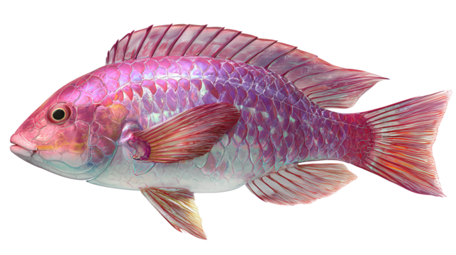 Elegant pink reef fish with pearlescent scales and flowing filament tail, subtle body curvature and luminous gradient tones, isolated on transparent background
