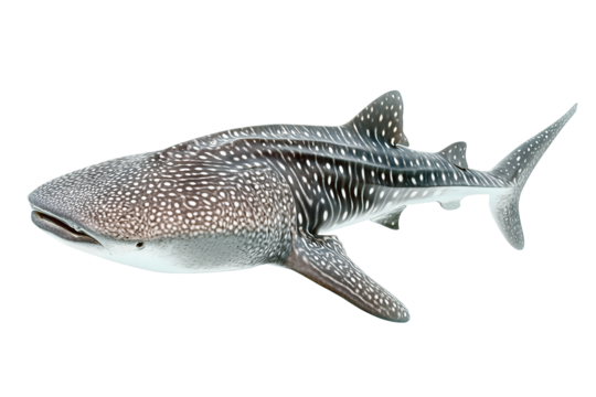 Young whale shark facing left, patterned in tight white dots across grey-blue body, gentle motion and glossy aquatic texture, isolated on transparent background
