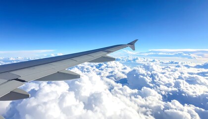 Obraz premium Airplane Wing Above Clouds - A Journey Through the Sky.