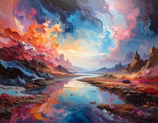 Vivid artwork of a surreal landscape, depicting sky, river, and mountains