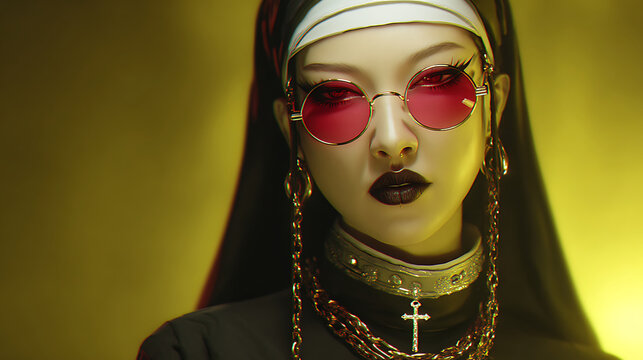 Creative Portrait of a Woman with a Nun's Habit and Sunglasses