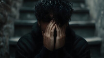 A solitary figure with their face obscured by their hands sitting in a dimly lit gritty outdoor stairwell conveying feelings of distress or deep