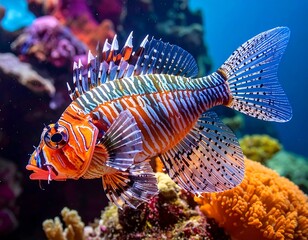 Vivid portrait of a striped fish swimming in a colorful underwater reef