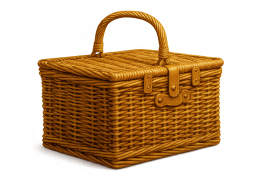 Wicker picnic basket illustration with handle and traditional latch, ideal for outdoor dining and rustic themes