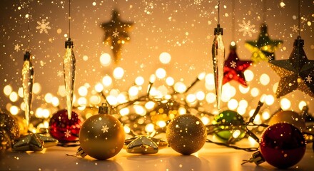 A beautiful Christmas tree decoration on a dark background with gold baubles, snowflakes, and winter light is a perfect holiday illustration