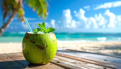 Tropical Coconut Drink on Beach Getaway Relaxation Exotic Refreshment Vacation Escape Summer Paradise.