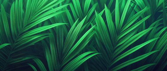 Obraz premium Lush green palm leaves overlapping in dense pattern create vibrant tropical background full of natural beauty and fresh foliage