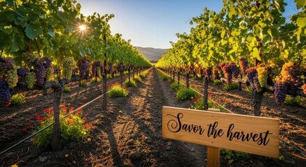 A scenic vineyard with rows of grapevines in sunny landscape