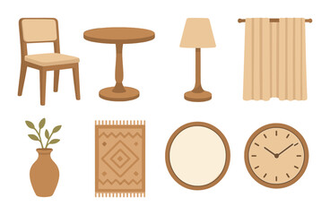 Warm toned interior decor with chair, table, lamp, curtains, and accessories