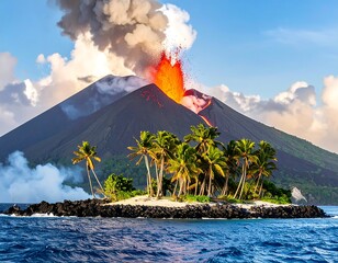 Volcanic eruption island with palm trees in the ocean