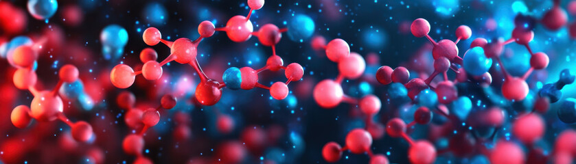 Detailed molecular structure glowing in lab with vibrant red and blue atoms connected by bonds, creating dynamic scientific scene