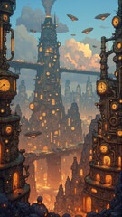 Futuristic Victorian Steampunk Metropolis at Dusk