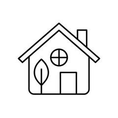 Simple line drawing of a house with a tree and door on transparent background