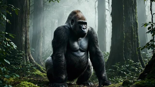 Majestic Gorilla Standing in Lush Green Jungle Environment