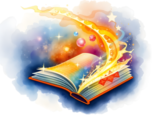 Open book with a rainbow and clouds illustrates the magic of education and the vast knowledge gained through reading.