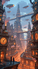 Atmospheric Steampunk Architecture with Clockwork Design