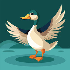 Obraz premium Cartoon Duck with Raised Wings – Stylized Illustration in Vibrant Outdoor Setting”
