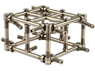 Mechanical cube framework constructed from metal rods and screws on a transparent background