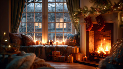 cozy christmas living room with fireplace and festive decorations