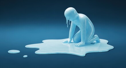 A blue, melting human figure on a blue background.