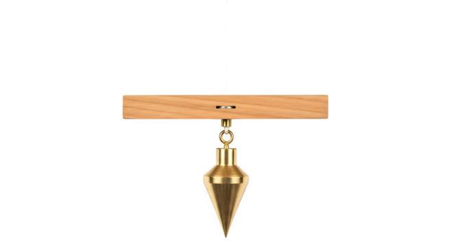 Brass plumb bob hanging from a wooden beam isolated on transparent background