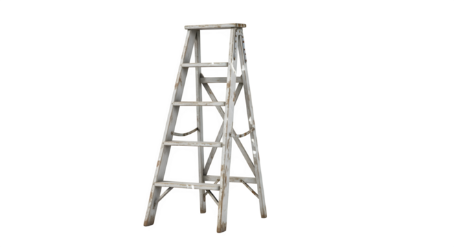A weathered wooden step ladder isolated on transparent background stands tall